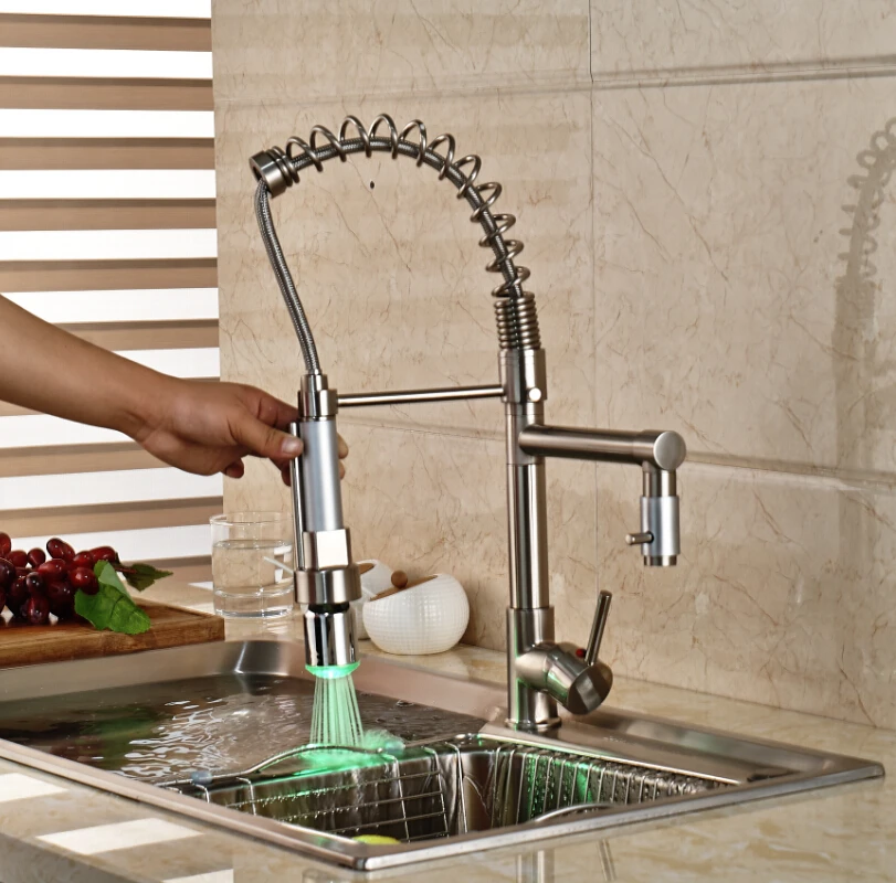 

Promotion Kitchen Sink Faucet With Color Changing Dual Spray Swivel Mixer Taps Brushed Nickel