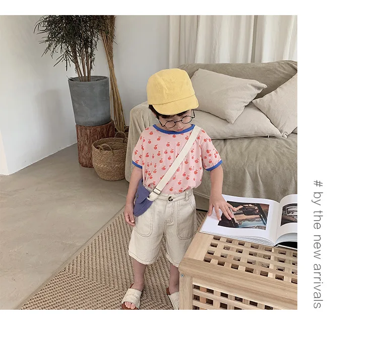 Летние милые рубашки с короткими рукавами с принтом яблока для мальчиков и девочек; Повседневная хлопковая одежда в Корейском стиле; топы