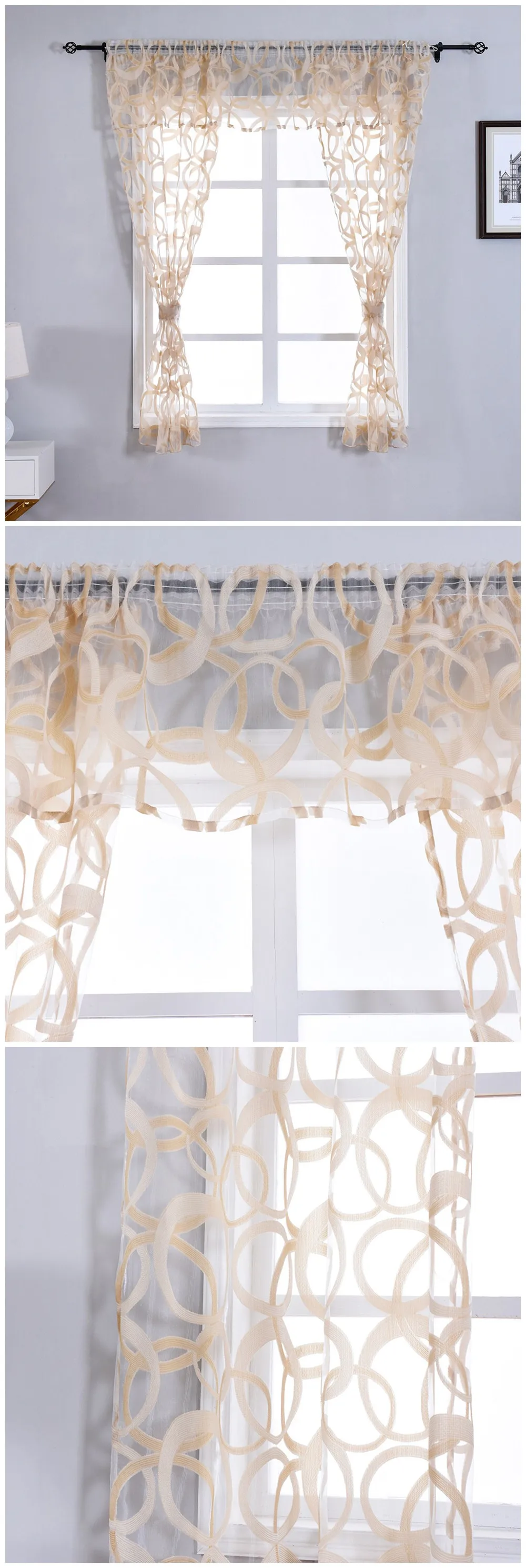 Smt490-1 NAPEARL Floral Leaves Jacquard Short Tulle Drops Valance Set Kitchen Windows With Ropes Cream Color Rustic Decor Fabric Circle