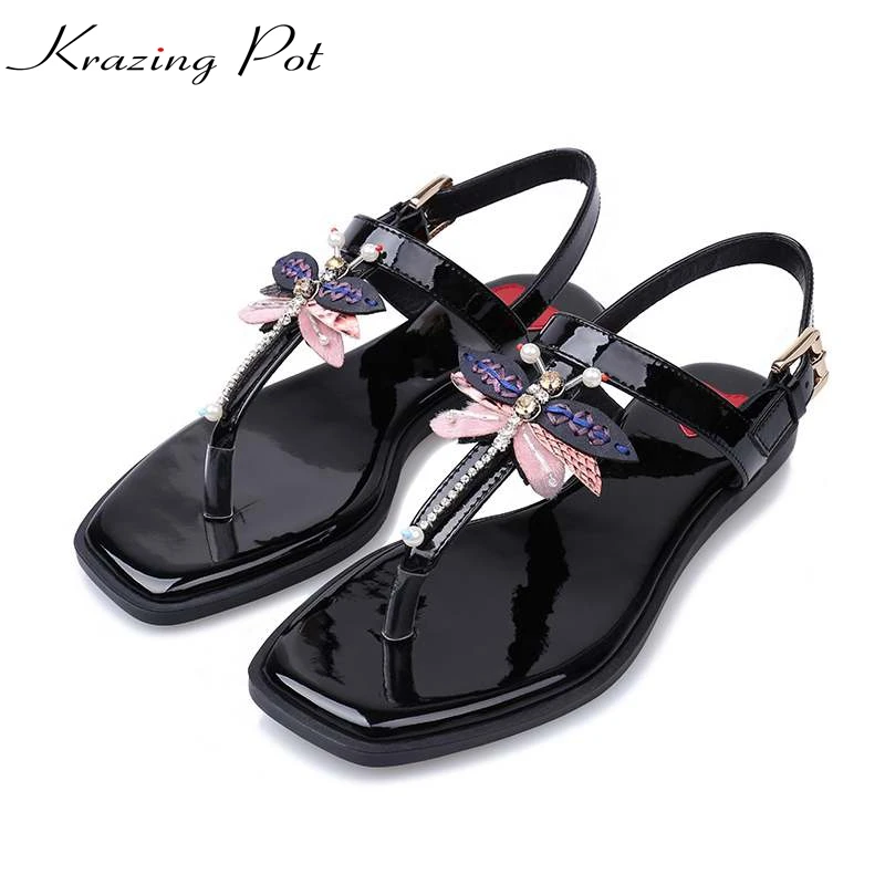 

2017 Krazing Pot peep toe crystal ankle straps pearl handmade butterfly women sandals superstar flats summer diamond shoes L10