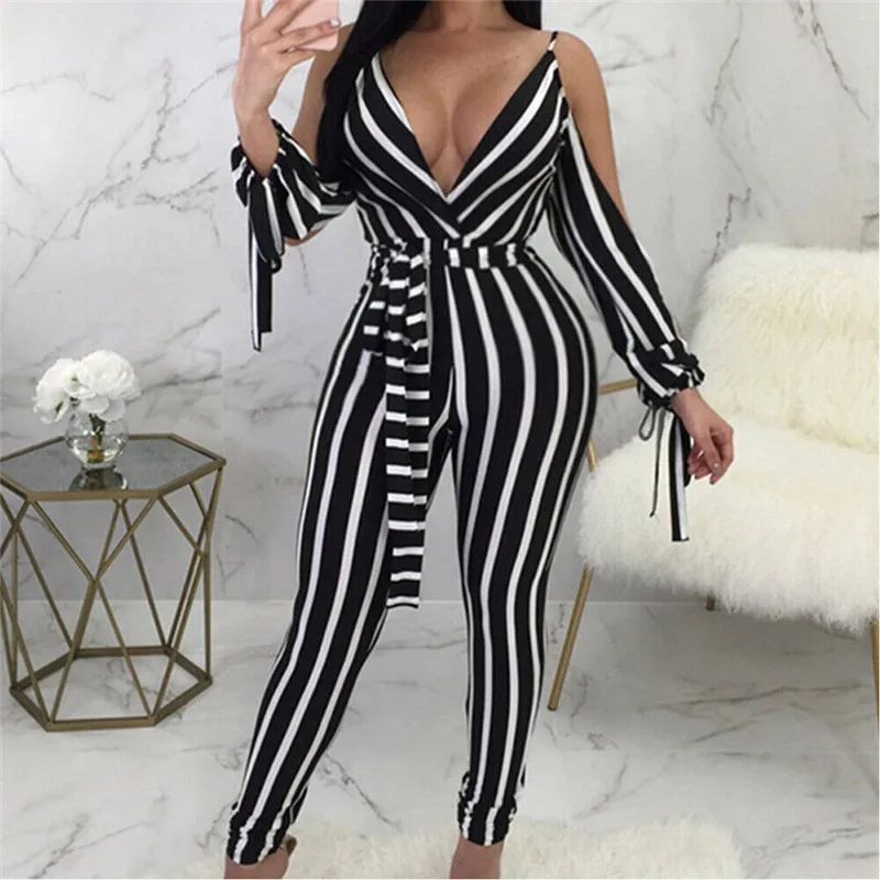

2019 Sexy Women Striped Jumpsuits Clubwear Shoulderless Deep V-Neck Strap Rompers Backless Bodycon Lady Jumpsuits with Belt