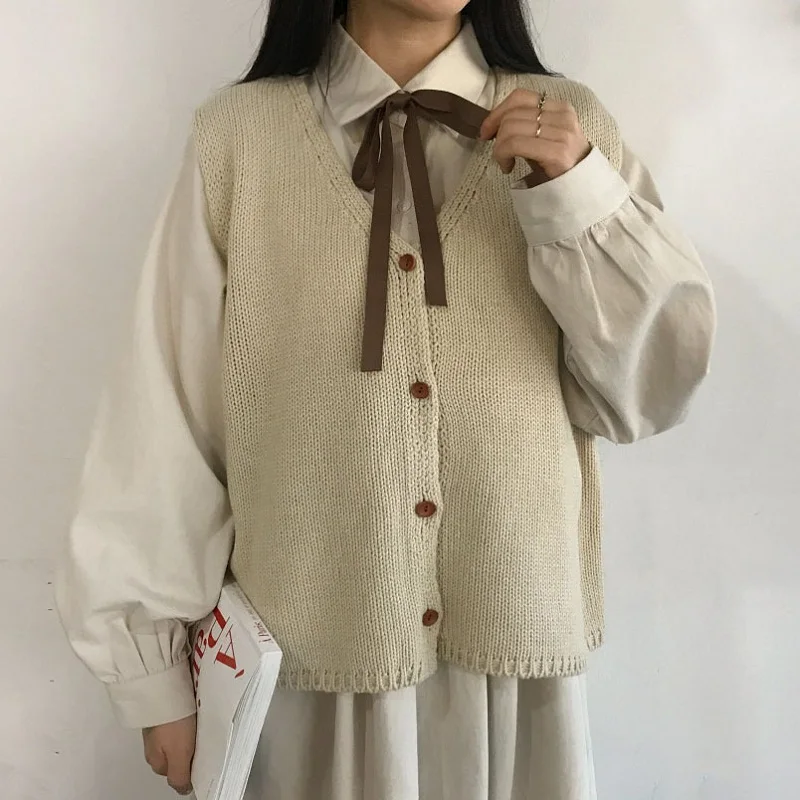 Women's Autumn Spring Casual Loose Cardigan Wool Sweater Vest Sleeveless Knitted Cashmere Vests Female Jumper Beige Tops |