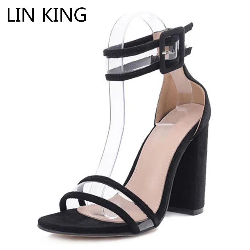 

LIN KING Plus Size Sexy High Heel Women Sandals Buckle Square Heel Open Toe Gladiator Sandalias Ladies Summer Office Dress Shoes