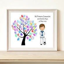 Изготовленное на заказ имя, дата детский футбол Mi Primera отпечаток пальца канва для DIY на Первое Святое Причастие крещение вечерние украшения