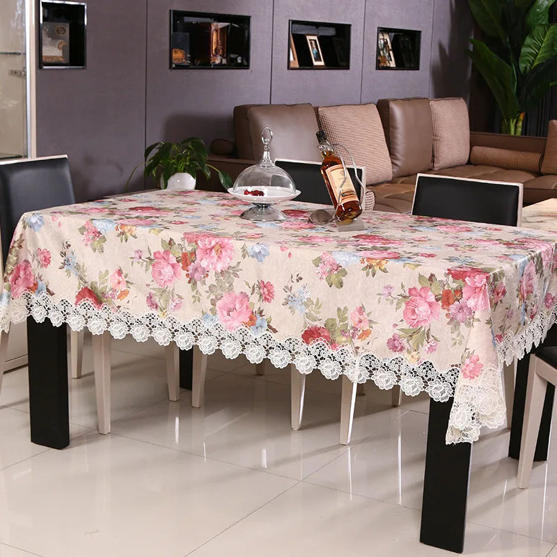 

Silks and Satin Tablecloth Peony Flower Embroidery Lace Hem Splice European Style Cover Washable Table Cloth for Tea Table