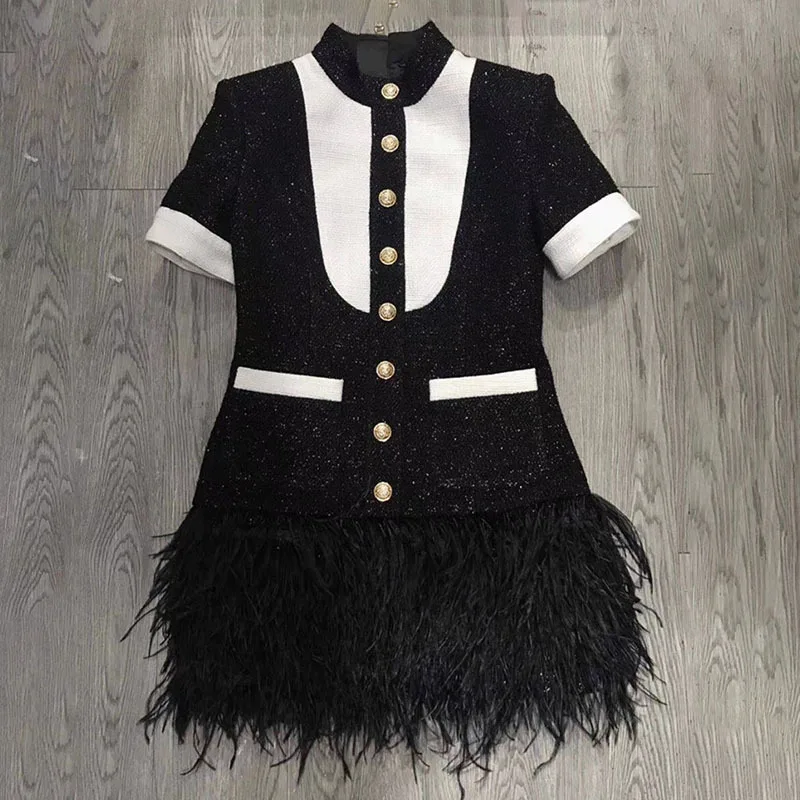 TWOTWINSTYLE Patchwork Feather Hem Dress Women Zipper Turtleneck Short Sleeve Single Breasted Dresses Female 2018 Autumn Fashion TWOTWINSTYLE Patchwork Feather Hem Dress Women Zipper Turtleneck Short Sleeve Single Breasted Dresses Female 2018 Autumn Fashion