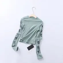 Женская сексуальная Нижняя рубашка осень Новая женская с длинным рукавом пупочным принтом короткая футболка женская