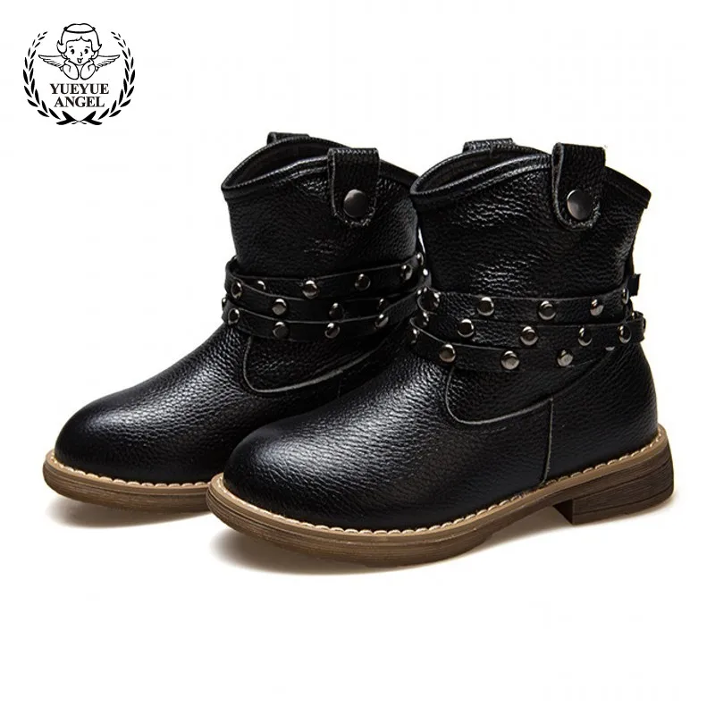 

Slip On Childrens Rubber Boots Rivet Shoes For Kids Mid-Calf Baby Girls Boots Black Winter Boots For Girls Boys Real Leather Hot