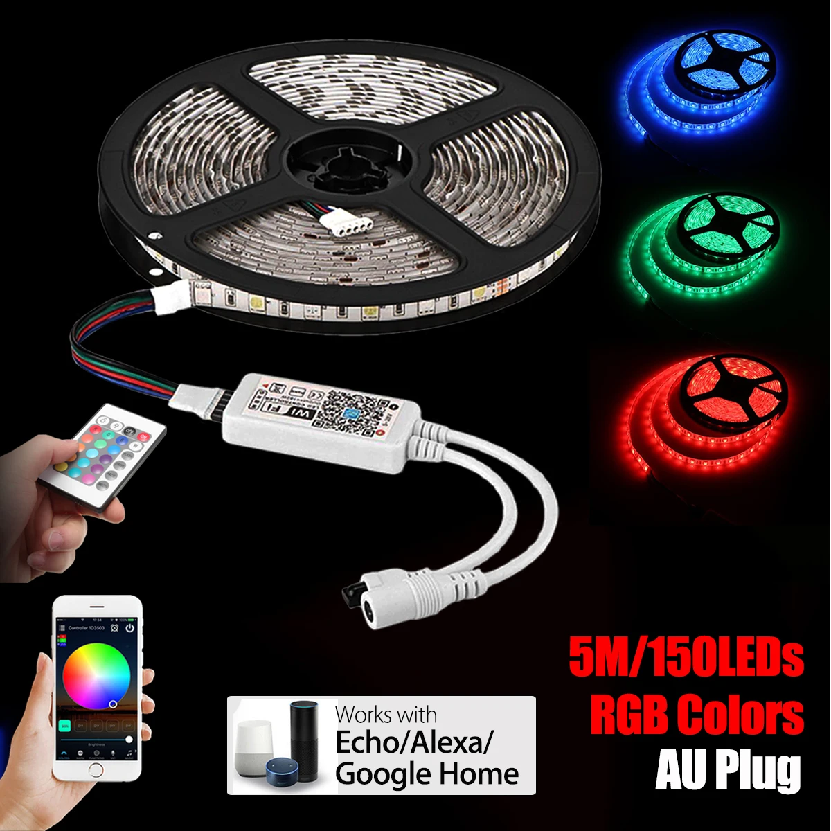 

Smuxi 5050 5M/16.4Ft Smart Wifi RGB 150 LED Strip Lights Intelligent Controller 12V 3A power For Alexa Google Home IR AU