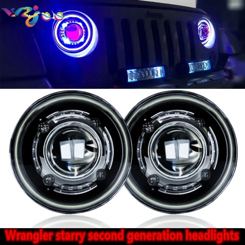 

WZJOO 2pcs LED Starry Headlights with Devil Demon Halo Angel Eye for Jeep Wrangler 97-16 CJ JK TJ FJ Sport Rubicon Sahara