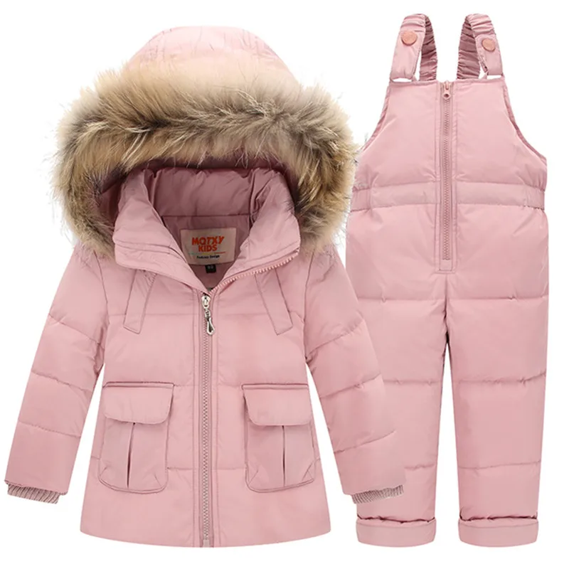 

Fashion Winter 1-3 Year Baby Girl Clothing Sets Girl's Ski Suit Sets Kids Jumpsuit Warm Coats Fur Duck Down Jackets+Bib Pants
