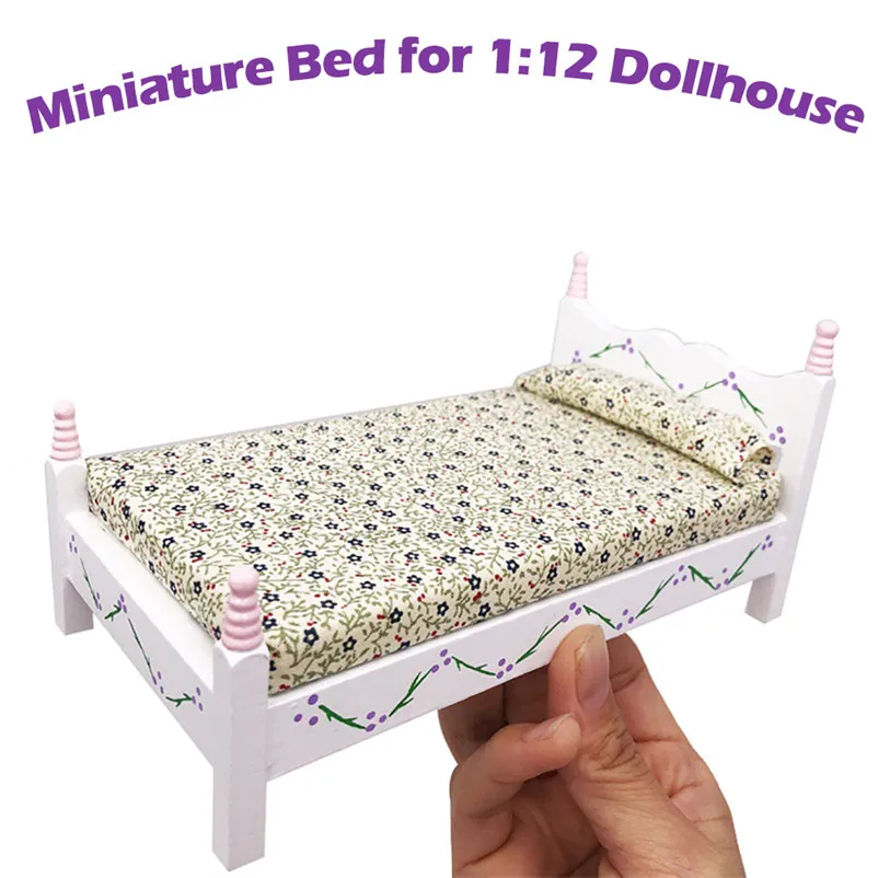  1:12 Dollhouse Furniture Mini Bed Set Miniature Bed Room Kids Pretend Play Toy Mini Doll Tool Doll 