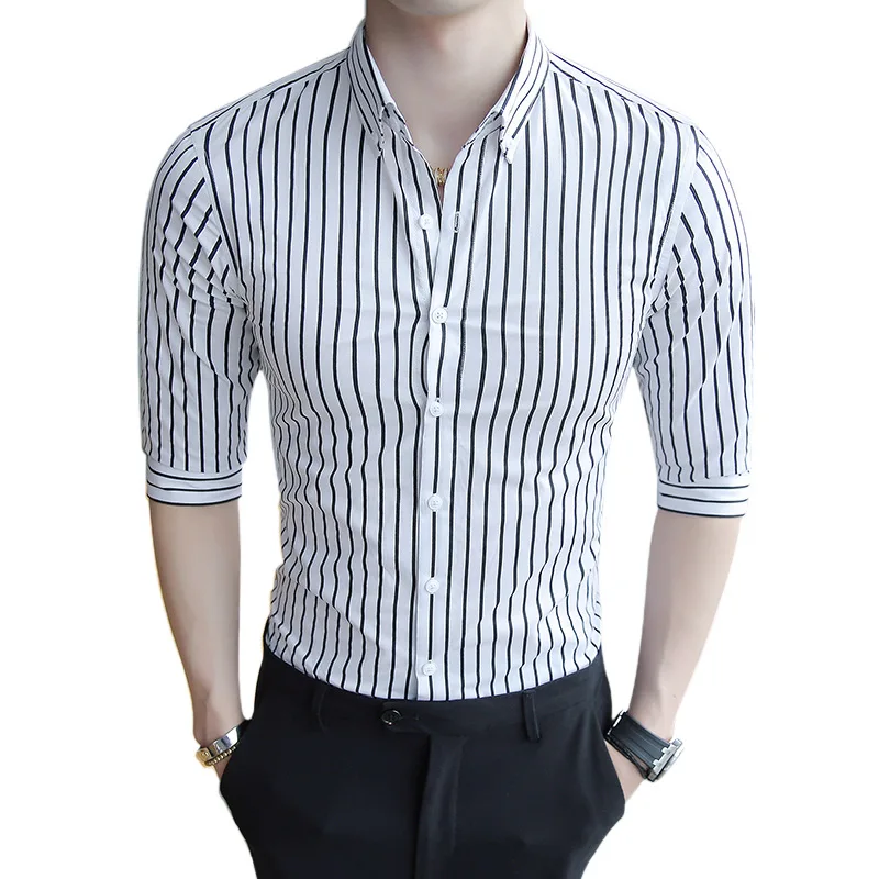 

Shirt men's summer striped shirt men's business casual shirt men's five-point sleeves striped high-quality fabric slim shirt