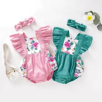 

2019 Summer Children Cotton Short Sleeve Romper + Headband Flower Printed for boys and girls 3-18M 4set/lot
