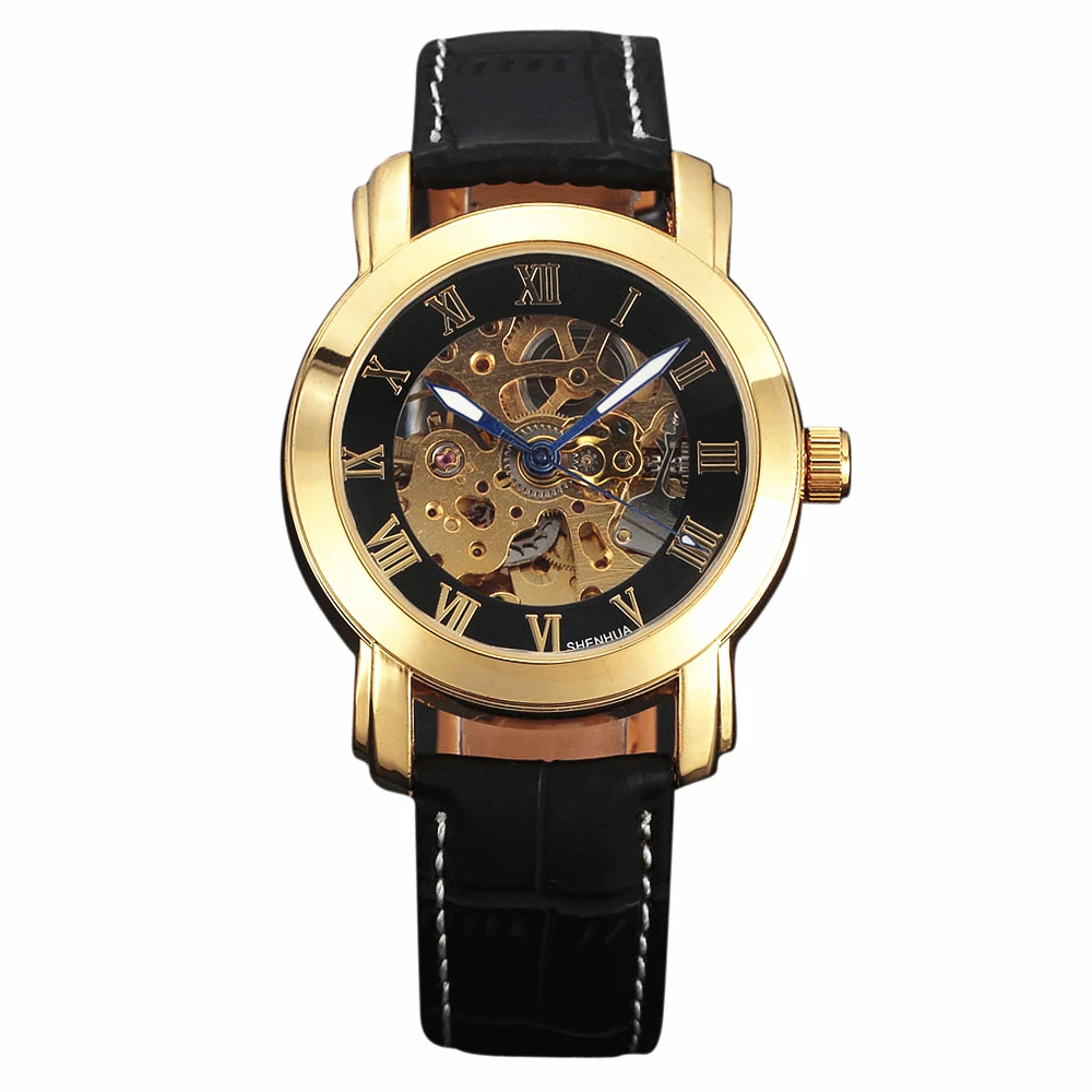 

SHENHUA Roman Gold Black Skeleton Men Military Business Leather Strap Wrist Watch Analog Mechanical Automatic Watches