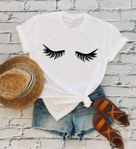 OKOUFEN الرموش تي شيرت جلدة نعرفكم ل سيدة أعلى قميص مطبوع جديد أزياء لطيف قصيرة الأكمام الإناث فام أعلى المحملة هبوط السفينة