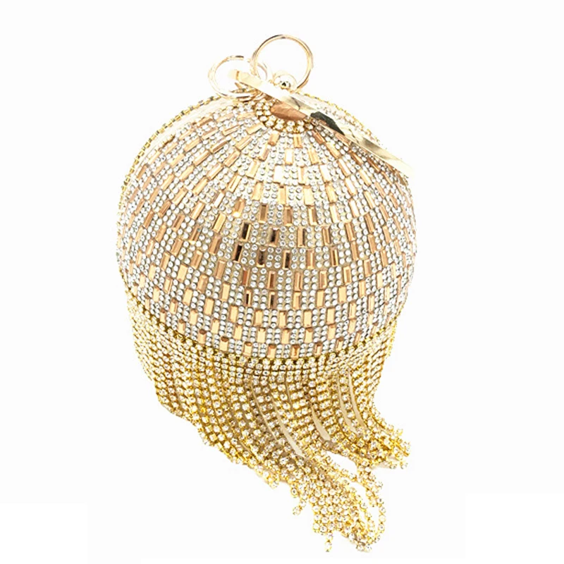 Женский Свадебный клатч с золотыми кристаллами, бриллиантами, кисточками, вечерние клатчи, кошельки, женские сумки на запястье, круговая сумка из бисера