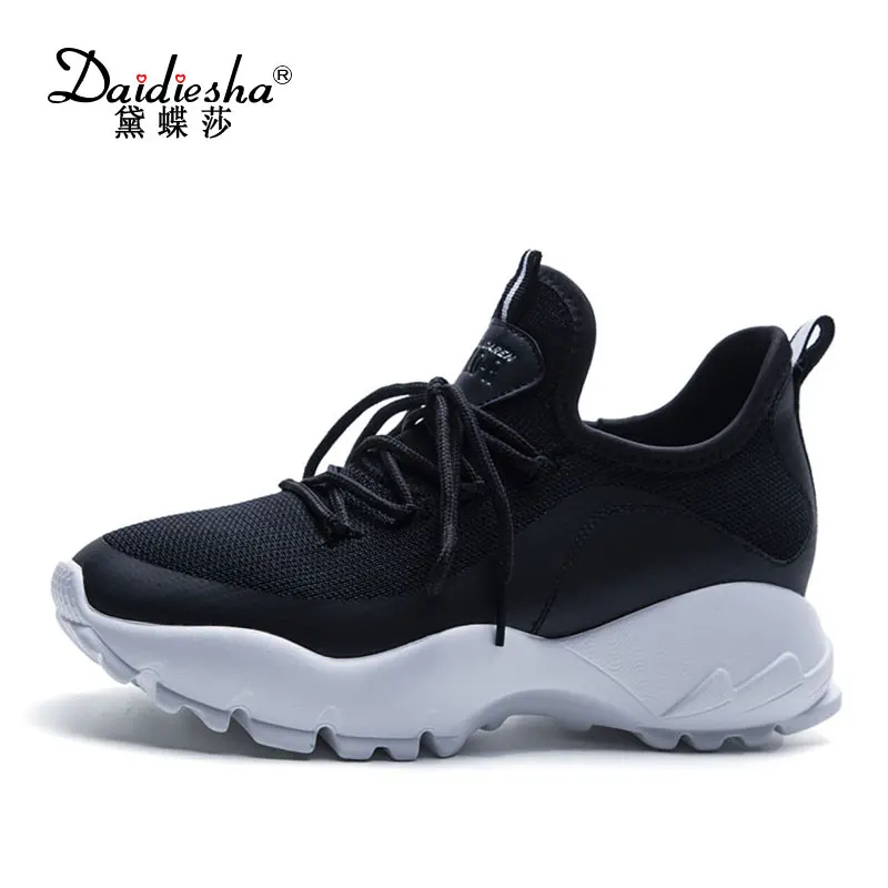 

Daidiesha Fashion Stretch Mesh women flats Casual Lace-Up Black sneakers Solid Cross-tied flat platform shoes zapatos de mujer