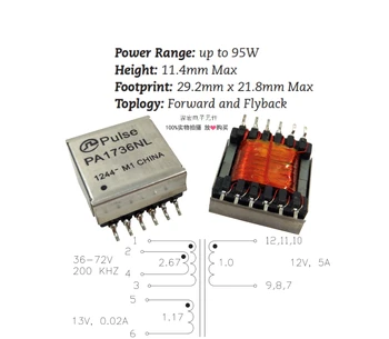 

Original new 100% PA1736NL SMD EFD20 flyback transformer 95W 200KHZ 36-72V to 12V 5A high frequency