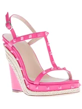 Summer Shoes For Women Pink Rivets 2015 BUckle Strap Sandals Women Wedges Cheap Modest For Party Real Image Plus Size High Heels