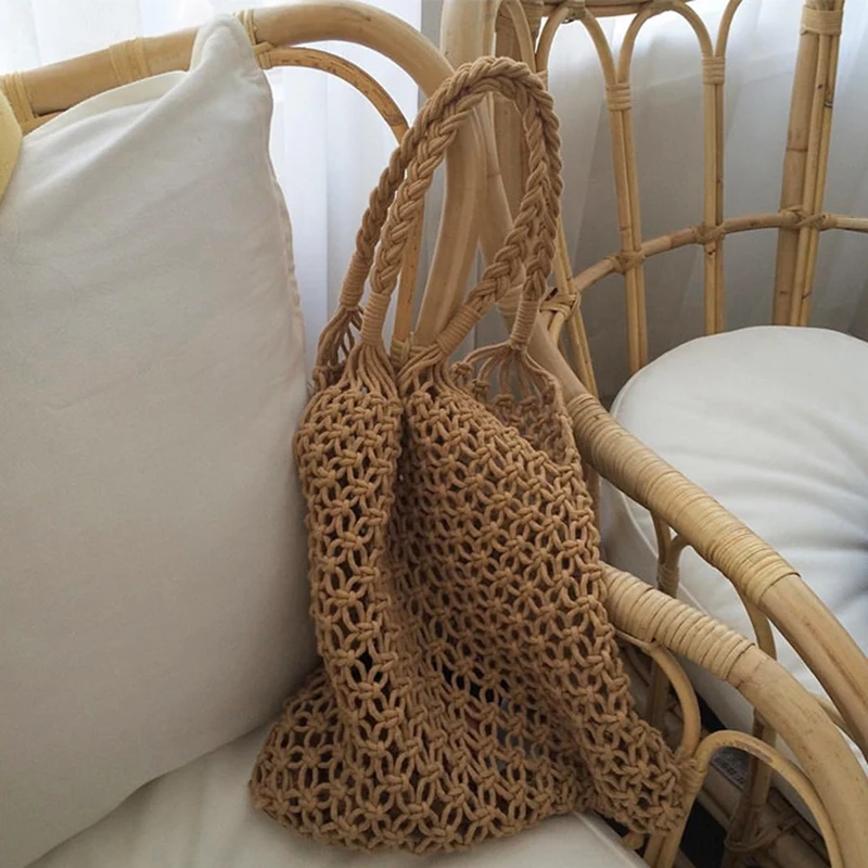  ABDB-Fashion Popular Woven Bag Mesh Rope Weaving Tie Buckle Reticulate Hollow Bag No Lined Net Shou