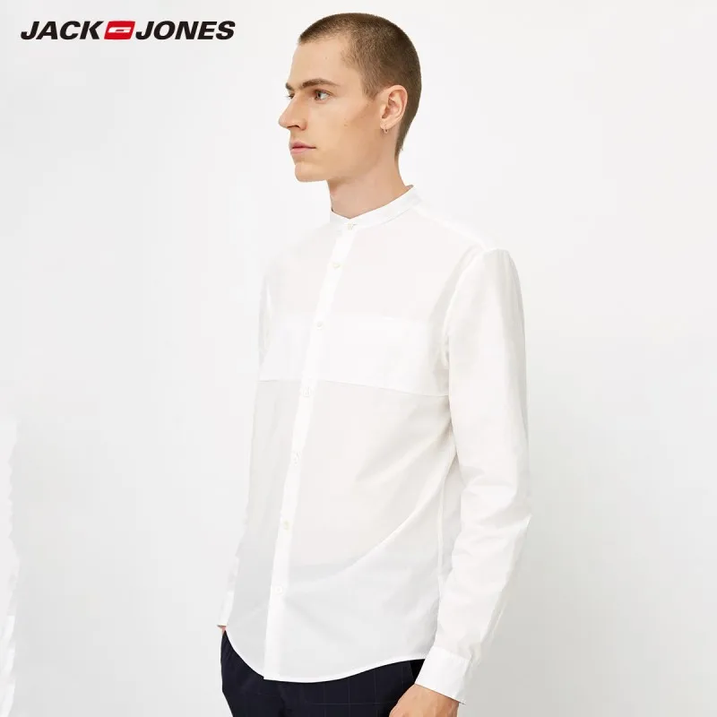 JackJones Мужская хлопковая Повседневная рубашка с воротником-стойкой с длинными рукавами Мужская одежда | 218305520 - Цвет: BRIGHT WHITE