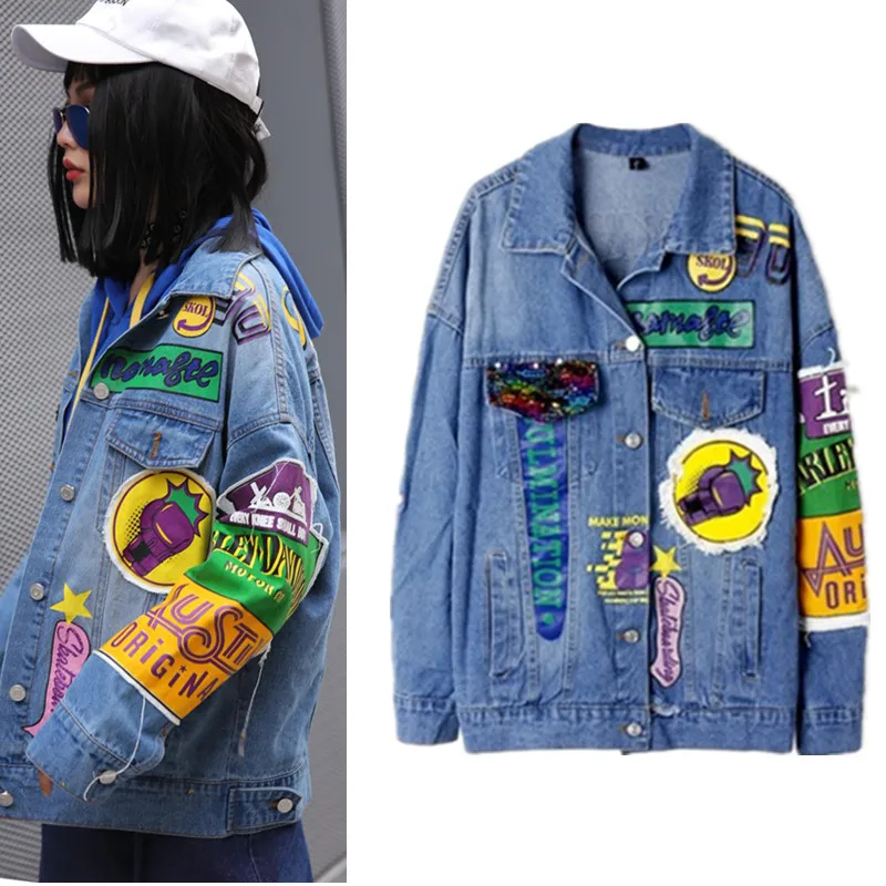 

New Denim jacket women geek ROCK Letters print high street women outerwear coat Appliques oversized causal punk jackets NZ28