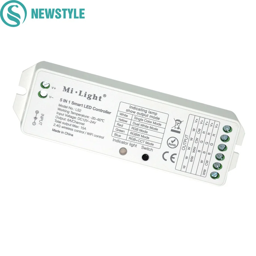 

New Arrival 5IN1 Led Controller MI-LIGHT RGB controller For RGB RGBW RGB+CCT Led Strip 15A MAX output 6A/Channel DC12-24V Input