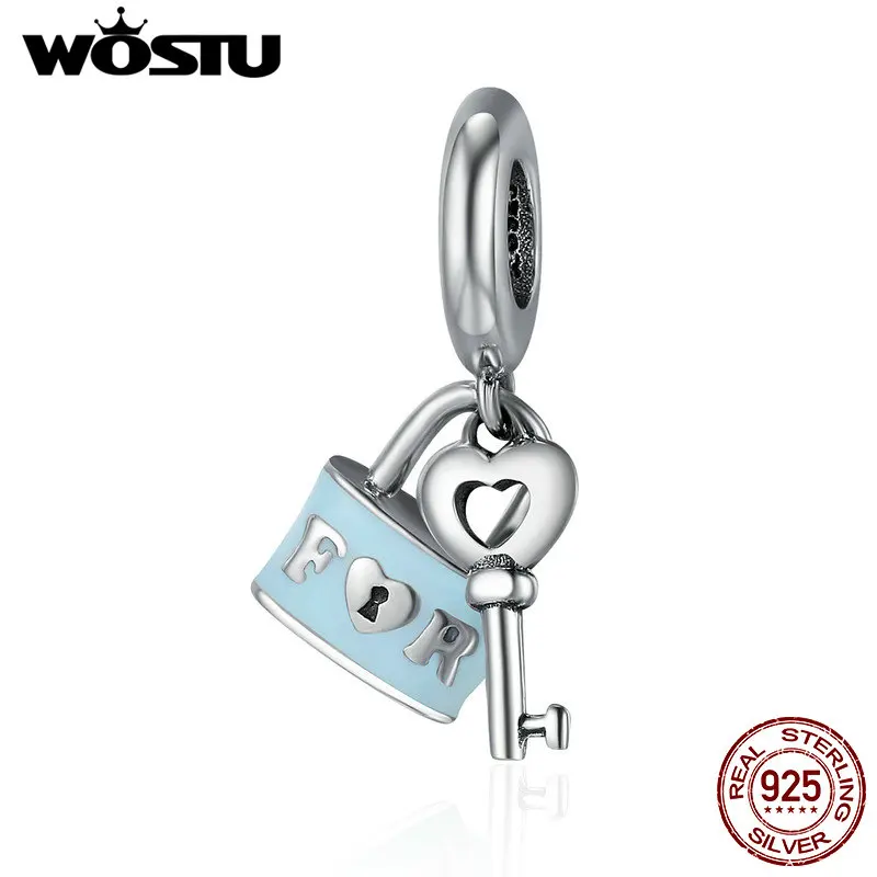 

WOSTU Valentine Day Gift 925 Sterling Silver Promise Of Love Lock & Love Key Pendant Charm Fit Beads DIY Bracelet Jewelry CQC476