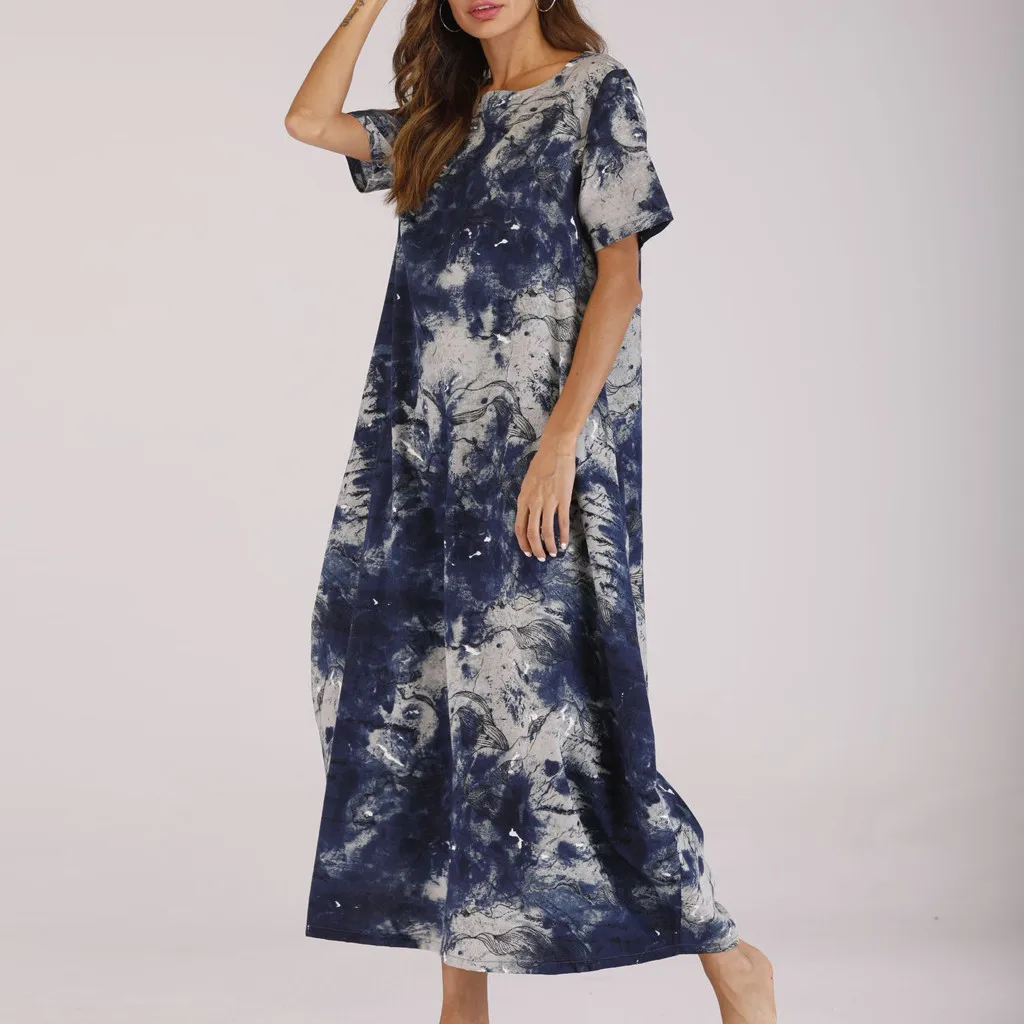 المرأة رداء فام خمر Abiti دونا طباعة س الرقبة قصيرة الأكمام عارضة فضفاض طويل Vestido ارغو الكاحل طول اللباس
