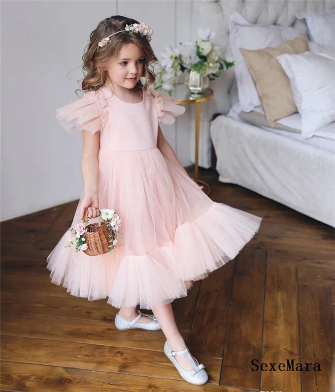 

New Pink Tulle Girls Dresses for Party A Line O Neck Zipper Back Kids Children Birthday Dress Pageant Gown Size 2-16Y
