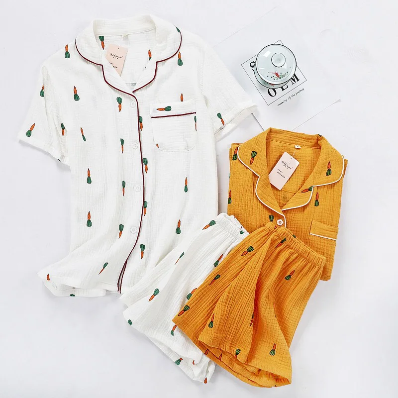 Женский пижамный комплект, летний Комфортный хлопковый комплект одежды для сна с отложным воротником, женская тонкая Свободная Домашняя одежда с рисунком морковки