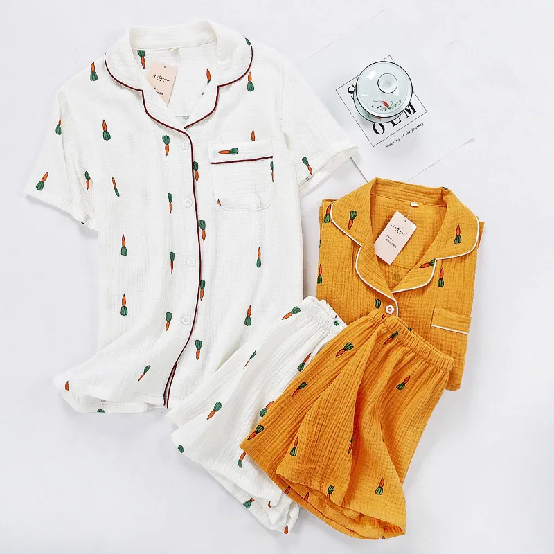 Women Pajamas Set Summer Comfort Gauze Cotton Turn-down Collar Sleepwear Set Ladies Thin Loose Cartoon Carrot Printed Homewear women pajamas set women pajama suit cotton pajamas set