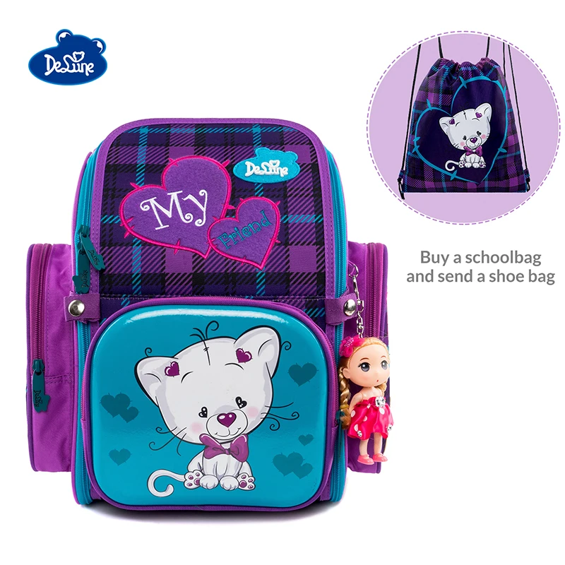 

2019 Delune Cat Print School Bag Girls Orthopedic Children Fold Satchel Backpack School Shoes change Bag Gift Mochila Infantil
