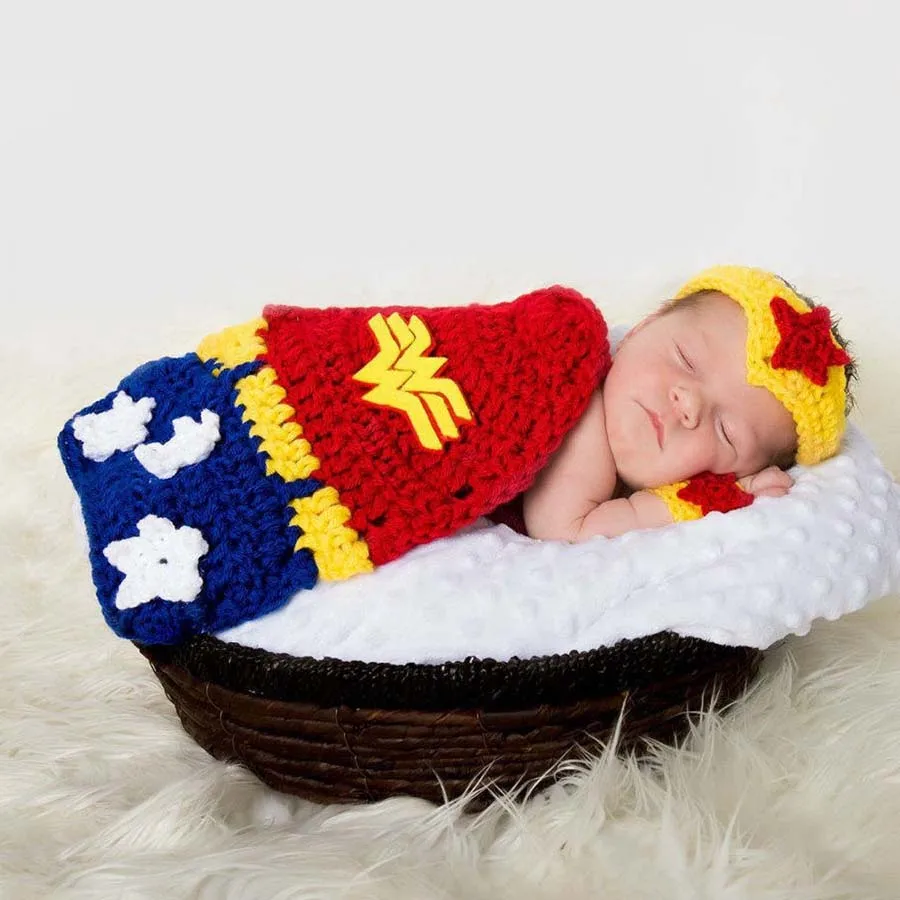 New Superhero Baby Crochet Wonder Woman Costume Newborn Knitted Comics Photography Prop Cape Crown and Wristlets Outfit (1)