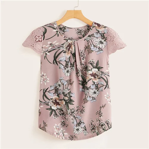 Dotfashion, контрастная кружевная Цветочная блузка с манжетами для женщин, с рукавом-крылышком, Boho, Женские топы и блузки,, плиссированные детали, летняя блузка - Цвет: Pink