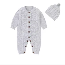 Newborn Baby Romper For Boys Cotton Knitted Baby Clothes Autumn Winter Toddler Clothes Long Sleeve Infant Jumpsuit With Hat