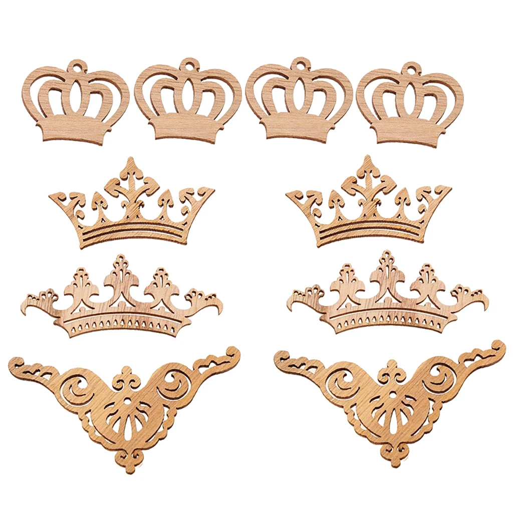  10x Natural Unfinished Wood Hollow Crown Wooden Shapes Scrapbooking Embellishments Tags for Card Making DIY Craft Painting