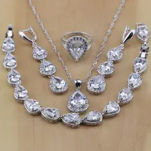 Moda 925 joyería de plata esterlina en forma de gota ZIRCON blanco Juegos de joyería mujeres Pendientes/colgante/Collar/Anillos/pulsera