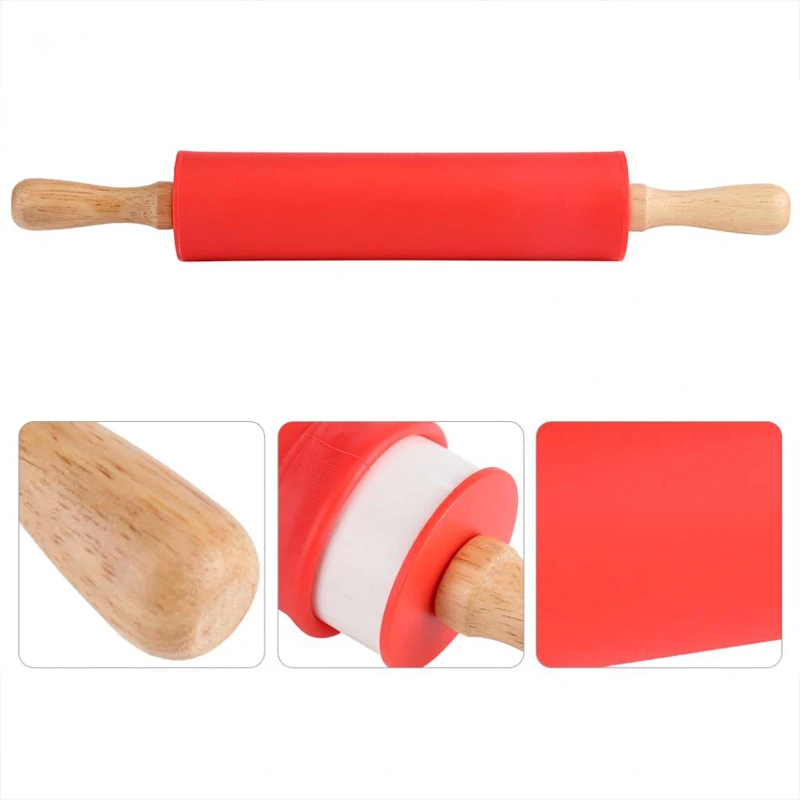 Non-Stick Kitchen Silicone Rolling Pin Large Small Wooden Handle Silicone Dough Roller Stick Pastry Baking Tools Bakeware (9)