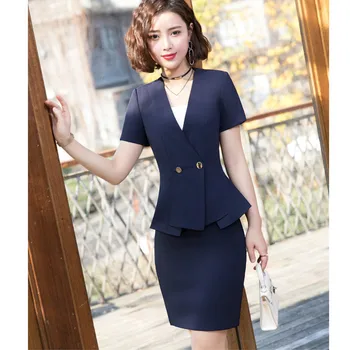 

Women's suit skirt new short-sleeved Slim V-neck double-breasted suit two-piece suit (jacket + skirt) ladies business suit