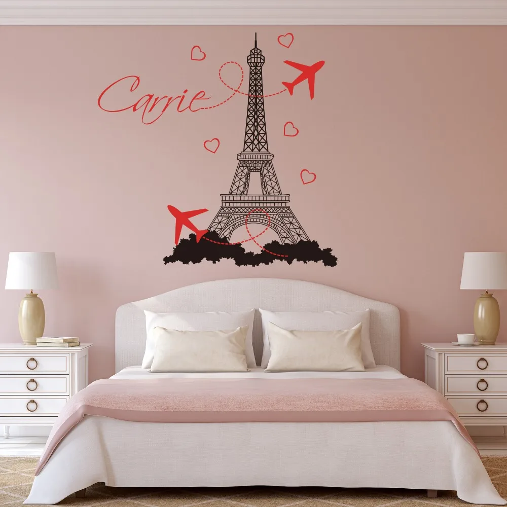 Large Custom Name French Eiffel Tower Wall Sticker Girl Room kids Room Personalized Name Pairs Eiffel Tower Wall Decal Bedroom  (2)