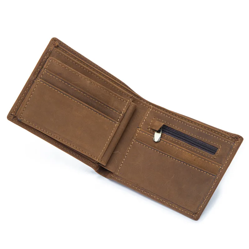 

Vintage Genuine Cowhide Leather Crazy Horse Small Short Zipper Cash Money Card Photo Coin Wallet Purse for Man Men's Pouch 9010