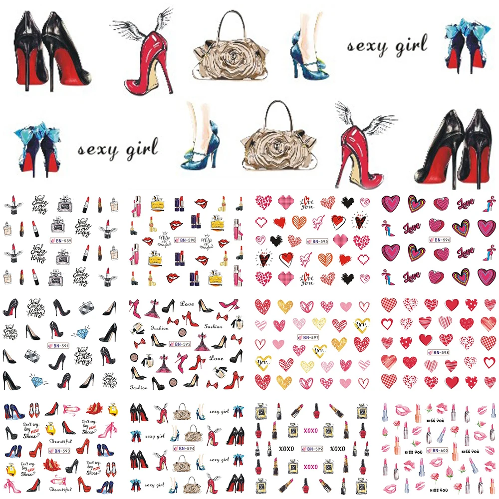 12 видов конструкций набор слайдеров на День святого Валентина, водяные наклейки для ногтей на высоком каблуке, сексуальные женские наклейки для маникюра, украшения для ногтей, CHBN589-600-1
