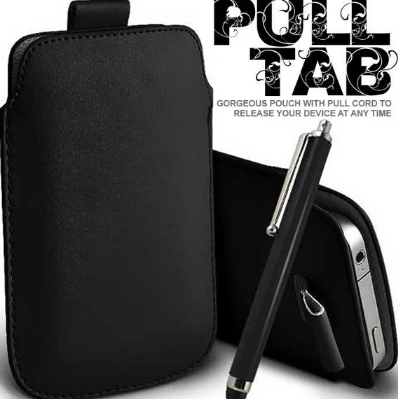 BLACK PULL TAB LEATHER POUCH CASE SKIN &amp STYLUS for SAMSUNG Galaxy Ace Plus |