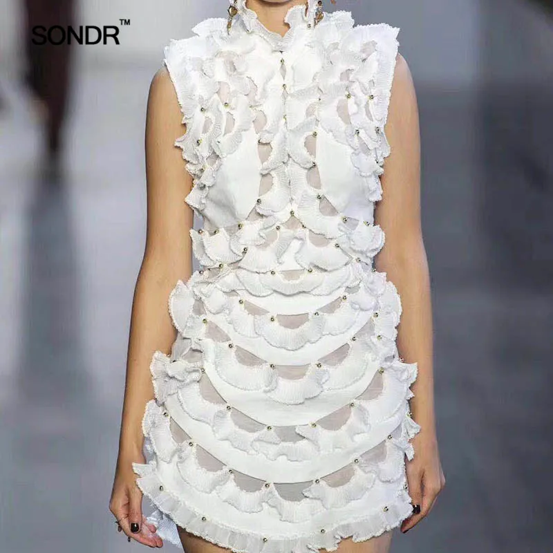 

SONDR Elegant Party Dress For Women Sleeveless High Waist Beading Ruffle Mini Lace Dresses Female 2019 Summer Clothes Fashion