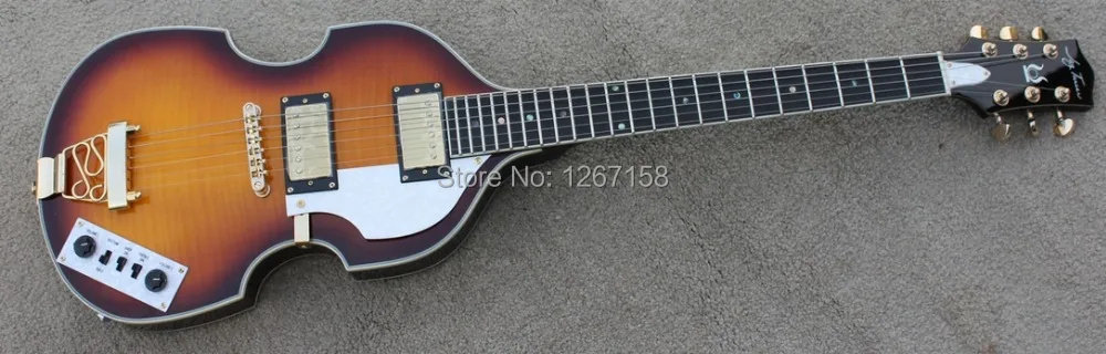 

VINTAGE SUNBURST Hofner style Violin guitar, hollow body neck binding, gold hardware, 2xHBs - Free shipping direct from Factory