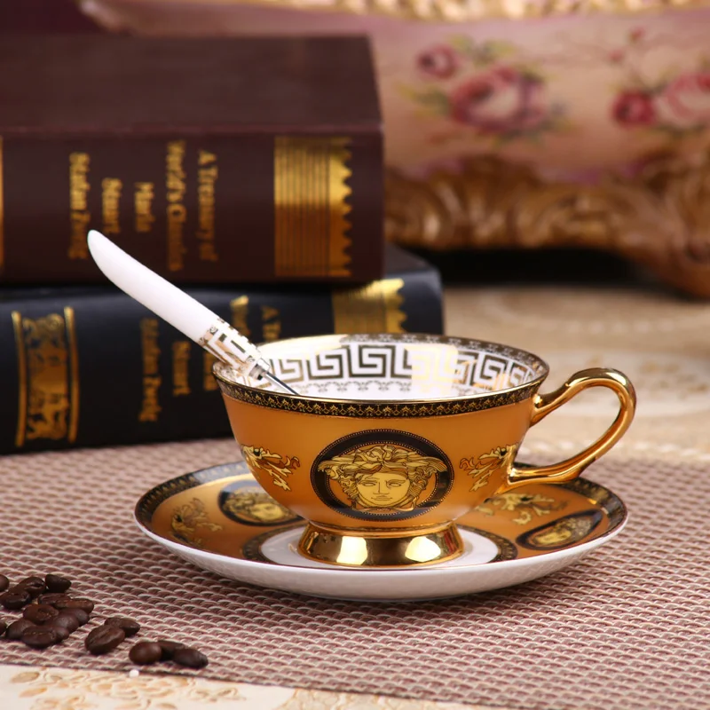 

European Bone China Coffee Cup Set Luxury Handmade Gold Ceramic Black Teacup With Spoon Exquisite English Coffee Cup And Saucer