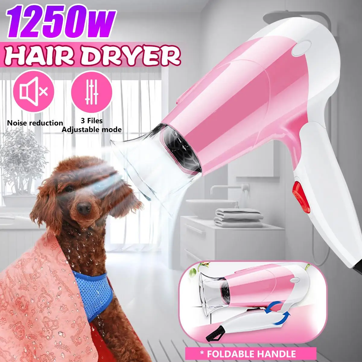 

220V 1250W Mini Hairdressing Salon Quiet Electric Hair Dryer Hot Cold Wind Blower Foldable Handle Traveller Home for Baby Pet