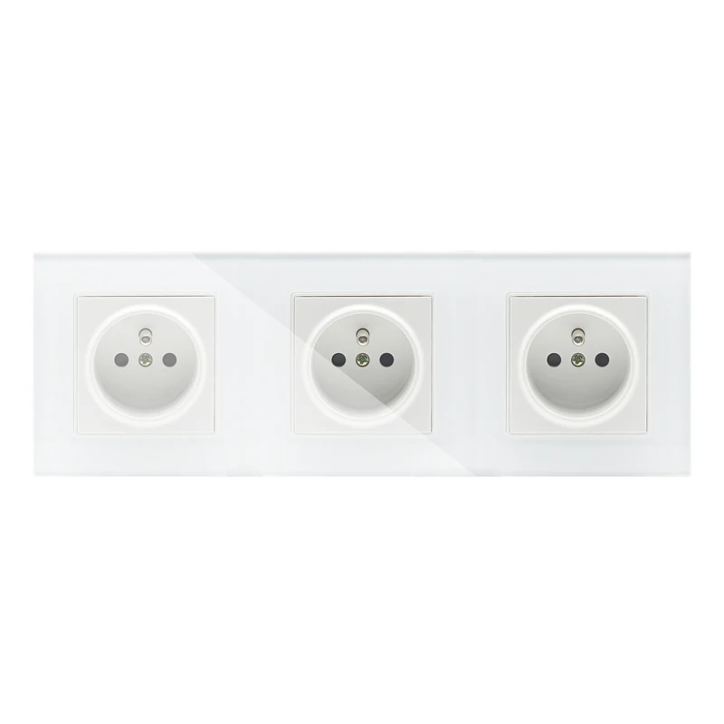 

2017 16A French Standard, Wall Electric / Power 3 Gang 1 Way Socket / Plug, Crystal Glass Panel
